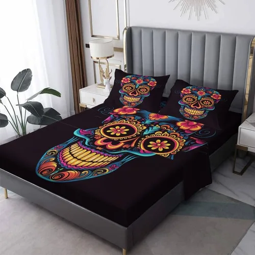 Miniatura 8 de Juego de sábanas tamaño Queen – Sábanas de cama con diseño de calavera de azúcar, sábanas y fundas de almohada, microfibra suave, bolsillo profundo