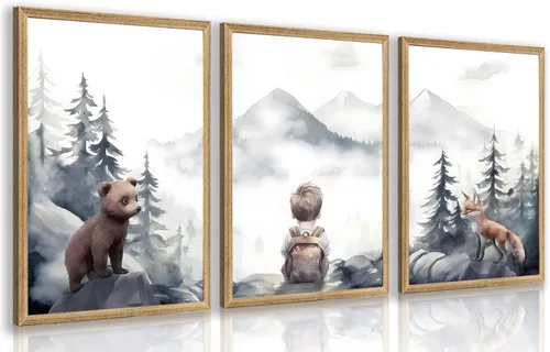Miniatura 12 de kilamino Arte de pared de bosque neutral con animales salvajes, lindo póster de oso y zorro para guardería, impresiones de póster de aventura