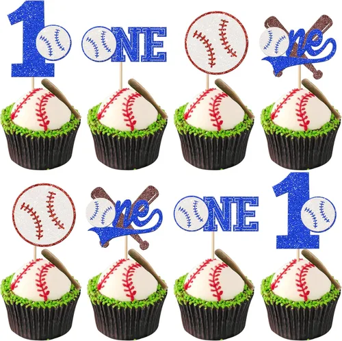 Miniatura 11 de Rsstarxi Paquete de 30 adornos para cupcakes de béisbol con trofeo con purpurina, jugadores de béisbol, pelota deportiva, decoración para temática