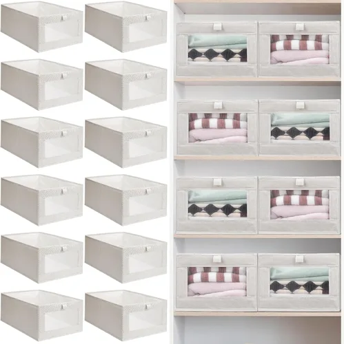 Kigley 12 unidades de lino organizadores y almacenamiento plegables para ropa, caja plegable grande con cestas de almacenamiento de ventana para