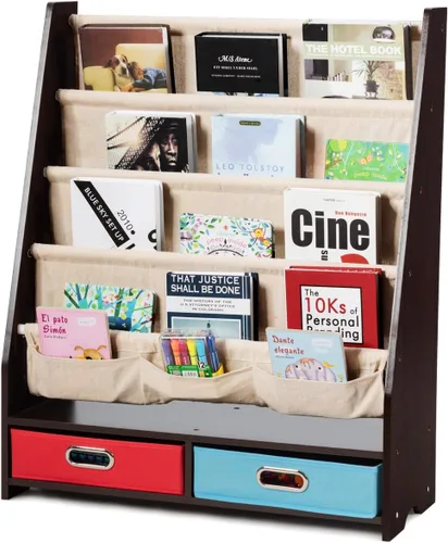 Miniatura 7 de HONEY JOY Estante para libros para niños con 2 contenedores de almacenamiento, estantería de madera para niños pequeños con 4 estantes de eslinga