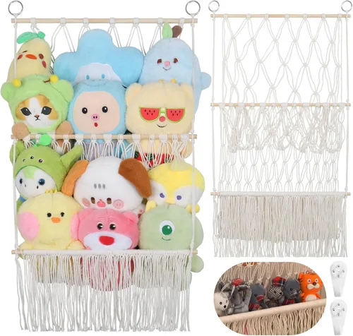 Miniatura 18 de Red de almacenamiento de animales de peluche de 2 niveles, 17 x 32 pulgadas, organizador grande de animales de peluche para pequeños rellenos