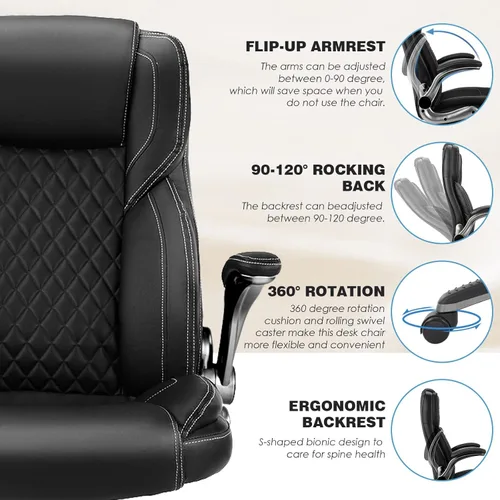 Miniatura 4 de Silla de oficina ejecutiva con brazos abatibles, sillas de oficina ergonómicas grandes y altas con respaldo alto, soporte lumbar oscilante de 90 a