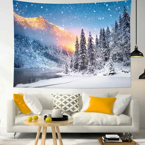 Miniatura 20 de LB Tapiz de Bosque de Nieve de Invierno, Pino Negro y Verde con Copo de Nieve Blanco Tapiz de Pared para Dormitorio, Arte de Pared de Paisaje
