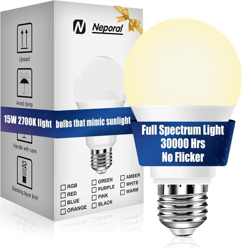 Neporal - Foco de luz de espectro completo de 15 W, focos de luz solar natural sin UV de 2700 K, foco LED de 15 W equivalente a 100 W, CRI 90+, sin