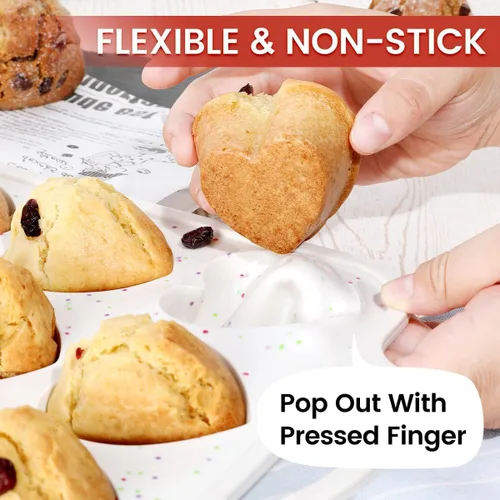 Miniatura 6 de CAKETIME Molde para magdalenas con forma de corazón con marco metálico, moldes de silicona antiadherentes en forma de corazón para hornear muffins
