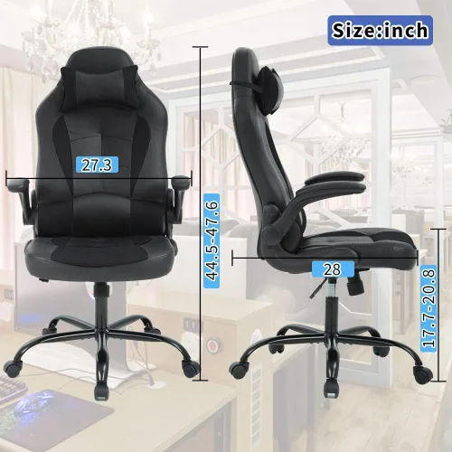 Miniatura 3 de Silla ergonómica para videojuegos, silla de escritorio de oficina con respaldo alto y soporte lumbar ajustable, reposabrazos abatibles y Negro