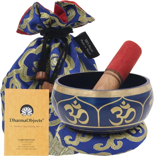 Miniatura 6 de DharmaObjects Mediano ~ Juego de cuencos cantantes hindú OM ~ con mazo, cojín de brocado y bolsa de transporte ~ para meditación, curación