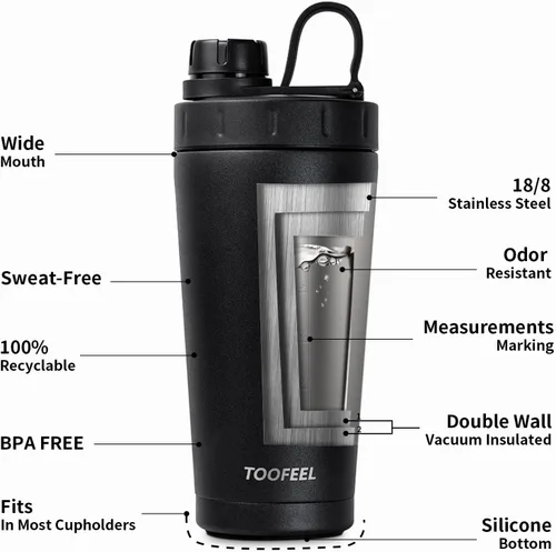 Miniatura 5 de TOOFEEL Botella agitadora de acero inoxidable - Botella agitadora aislada de doble pared de 20 onzas, mantiene frío/calor, para mezclas de proteínas