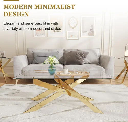 Miniatura 3 de Mesa de centro de cristal de 47 pulgadas con parte superior de vidrio templado y patas de metal dorado, mesa central rectangular moderna para sala