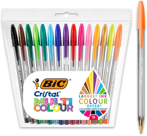 BIC Cristal - Bolígrafos multicolor con punta ancha (0.063 in) para escritura colorida en varios colores, paquete de 15