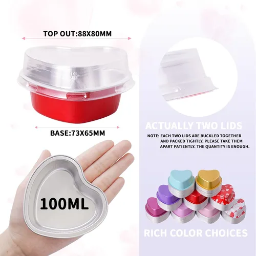 Miniatura 2 de yeload 60 moldes para pasteles en forma de corazón con tapas, mini moldes de aluminio, 3.4 onzas/3.4 fl oz de papel de aluminio desechable, molde