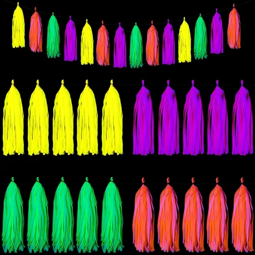 Miniatura 3 de 88 piezas de suministros de fiesta de neón brillante, incluyendo guirnalda de papel de neón, 20 piezas de borlas de papel y banderas triangulares