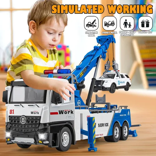 Miniatura 7 de HAPYAD Camión de remolque de juguete para niños, camión de remolque de metal con grúa modelo de juguete con luces y sonidos, vehículos