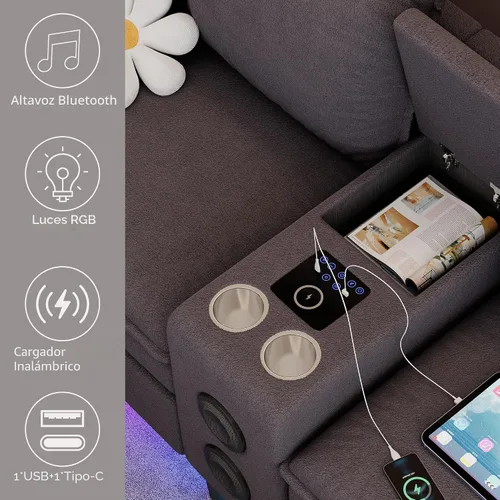 Miniatura 3 de Sofás Seccionales para Sala de Estar, Sofá Seccional de 4 Asientos con Módulo Inteligente-Altavoz Bluetooth/Luz RGB/Estación de Carga, Sofá de Nube