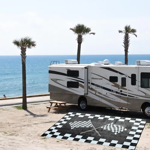 EEZ RV Products - Esteras reversibles resistentes para exteriores de 9'x12' para RVing/Boondocking (9 pies x 12 pies, bandera a cuadros negra y