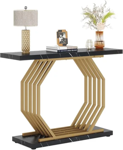 Miniatura 7 de LITTLE TREE Mesa consola dorada de 40 pulgadas, mesa de entrada de mármol sintético, mesa de sofá estrecha, mesa decorativa moderna para sala