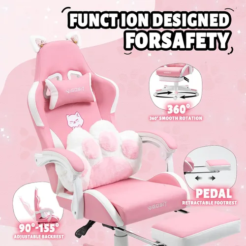Miniatura 8 de Vigosit Silla de gamer rosa con reposapiés, silla ergonómica y linda para jugadores con orejas de gato, silla cómoda de escritorio y computadora