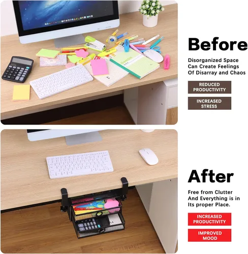 Miniatura 8 de ROSYLINE Organizador de cajones para debajo del escritorio y escritorio, organizador de cajones deslizantes de metal de 2 niveles, almacenamiento