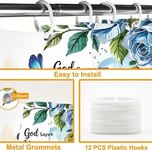 Miniatura 4 de Cortina de ducha con versículo bíblico con cita inspiradora, cortinas de ducha cristianas azules florales para bañera, decoración del hogar, tela