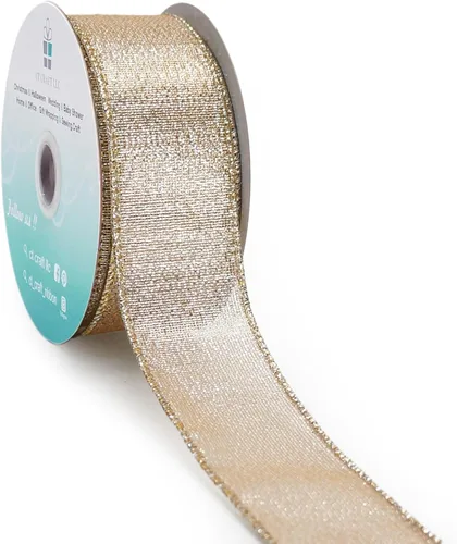 Miniatura 31 de Cinta con alambre metálica dorada champán de 2.5 pulgadas x 10 yardas para decoración del hogar de Navidad, lazo para decoración de árbol, envoltura