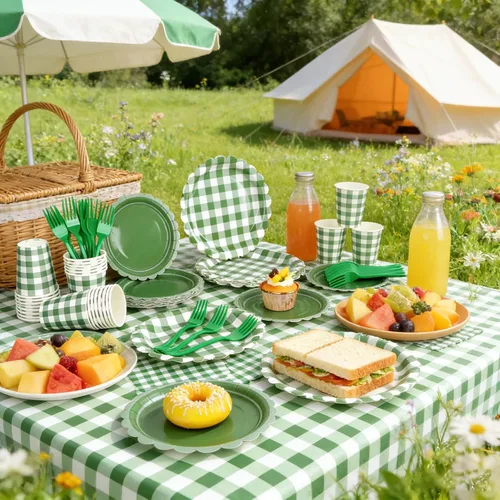 Miniatura 6 de Suministros de fiesta de cuadros verdes, incluyen platos de papel festoneado desechables de 9 y 7 pulgadas, servilletas, vasos, tenedores, manteles