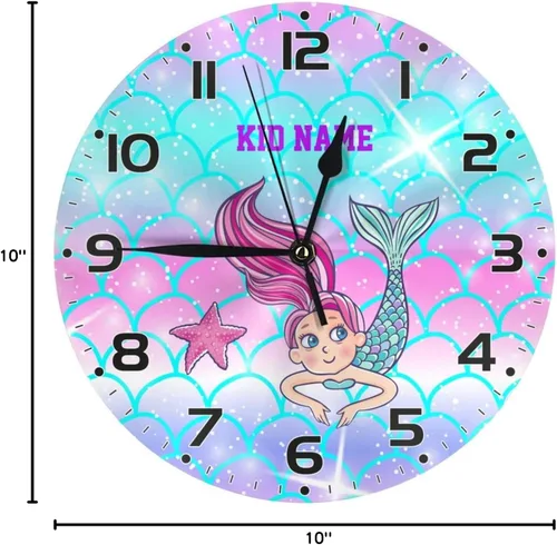 Miniatura 8 de Reloj de pared personalizado con escamas de sirena coloridas y estrellas de mar para habitación de niños, reloj de pared personalizado con nombre
