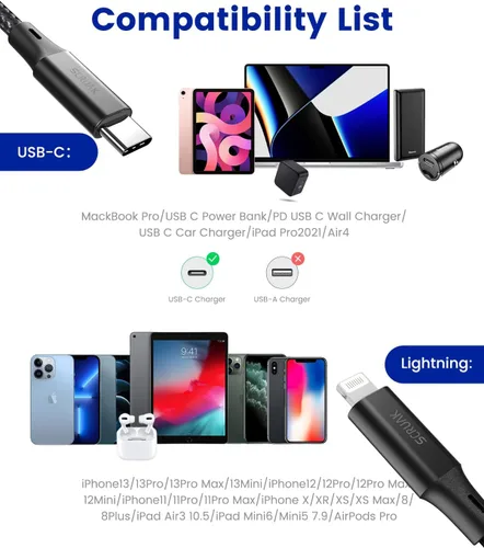 Miniatura 6 de SCRUAK Cable de carga extra largo para iPhone de 16 pies, 16 pies USB C a Lightning cable de carga rápida de nailon trenzado para iPhone 13/13