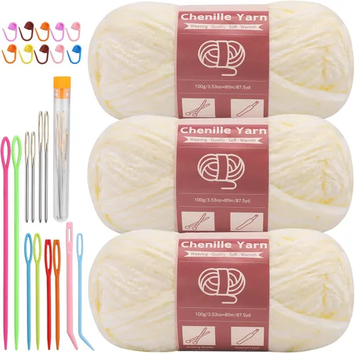LUNARM Hilado de chenilla para tejer y hacer ganchillo, 3 madejas de 240 metros de hilo grueso, suave y voluminoso, para tejer mantas, ropa y Beige