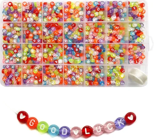 Looconi 1400 piezas Cuentas de letras 7x4mm transparentes y coloridas para hacer joyas, pulseras, trenzas de cabello, manualidades