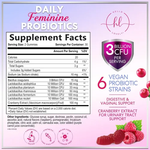 Miniatura 2 de Gomitas probióticas para mujeres con arándano rojo - 6 cepas premium para el equilibrio del pH, salud digestiva, apoyo vaginal e inmunológico, 3 mil