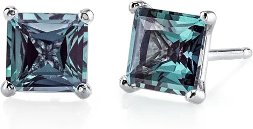 Peora Aretes de tuerca de alejandrita creados de 250 quilates para mujer oro blanco de 14 quilates corte princesa solitario que cambia de color 023