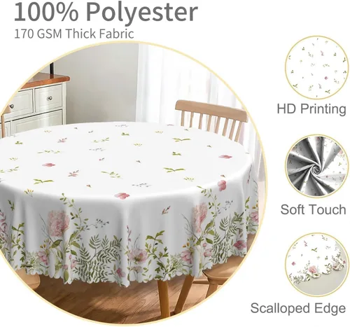 Miniatura 3 de Mantel redondo floral de primavera y verano de 48 pulgadas, diseño de flores rosas en acuarela, plantas botánicas, mantel decorativo de tela lavable