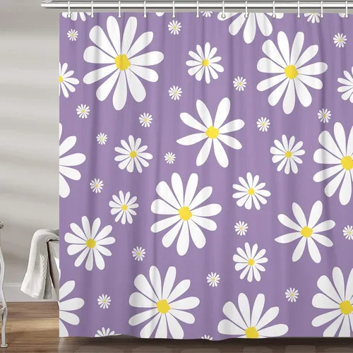 Miniatura 13 de Cortina de ducha con diseño floral de margaritas azules para caravana, remolque, baño, lindo juego de cortinas de ducha de tela estrecha y corta