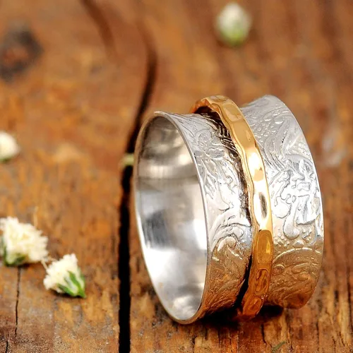 Miniatura 8 de Boho-Magic Anillo giratorio de plata de ley 925 para mujer con anillo antiestrés de latón, banda de flores