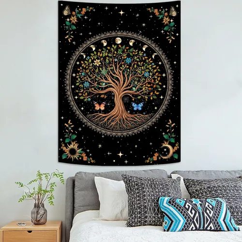 Miniatura 6 de Lunerfex Tapiz de árbol de la vida, tapiz de pared de fase lunar, tapices verdes para dormitorio, techo, tapices para colgar en la pared