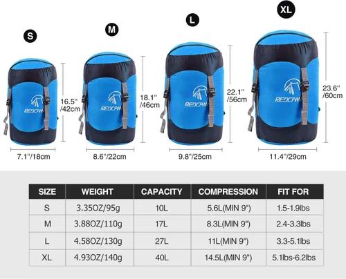 Miniatura 4 de REDCAMP - Saco de compresión de nailon, 10L/17L/27L/40L, bolsa de dormir ligera, ideal para mochileros, senderismo y campamento, azul/amarillo/verde