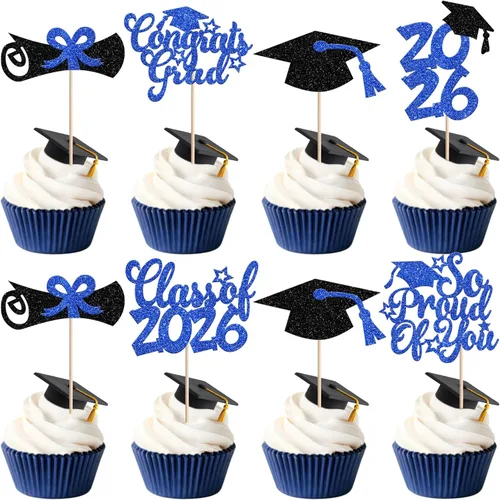 Miniatura 27 de Rsstarxi Paquete de 24 adornos para cupcakes de graduación 2026, con purpurina azul, para la clase de 2026, para diplomas, 24 piezas (6 diseños)