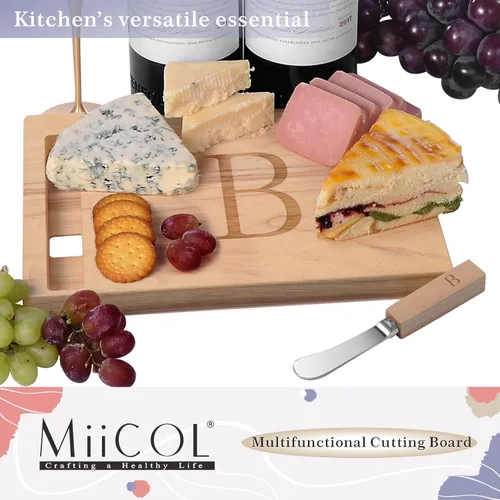 Miniatura 6 de Miicol Tabla de madera para charcutería, tabla de queso con monograma de 10 pulgadas, tabla de cortar inicial personalizada con esparcidor, regalo