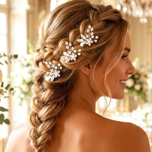 Miniatura 5 de Heread Flower Bride - Horquillas para el cabello de boda con perlas plateadas, accesorios para el cabello de novia, piezas de cristal para mujeres