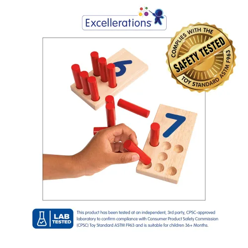 Miniatura 2 de Excellerations Tablero de números de clavija, incluye: 10 tablas de madera de goma + 55 clavijas de madera + bolsa de almacenamiento