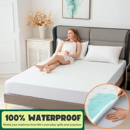 Miniatura 2 de SKYLINEWEARS Protector de colchón impermeable jacquard de bambú de alta calidad, 100% impermeable, ultrasuave y transpirable, funda de cama