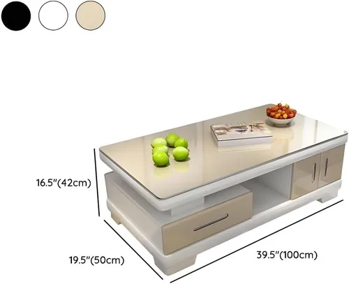 Miniatura 2 de RUNNUP Mesa de centro rectangular moderna de vidrio con base de madera blanca y almacenamiento de 2 niveles, mesa central de sofá para sala de Beige