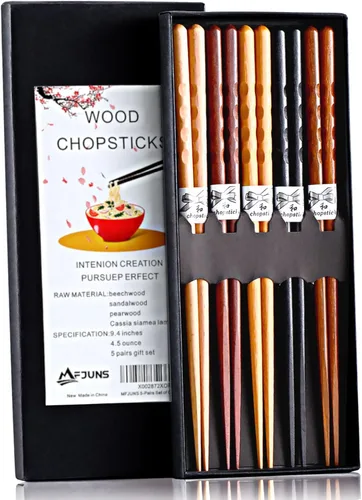 Miniatura 2 de MFJUNS 5 pares de palillos japoneses minimalistas reutilizables, juego de madera natural antideslizante de 8.8 pulgadas, ideal para sushi, fideos