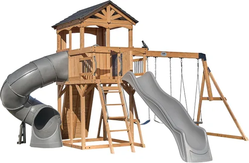 Miniatura 25 de Juego de columpios Backyard Discovery Sterling Point con tobogán de ola, casa de juegos elevada, puente de madera, pared de roca, columpios
