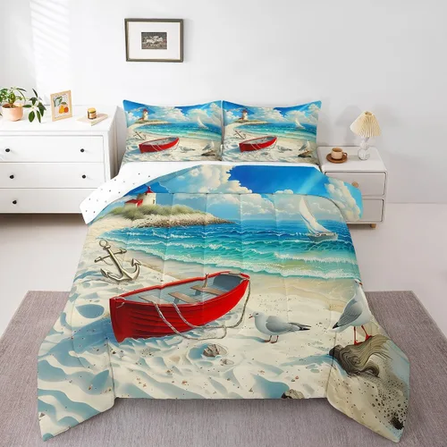 Miniatura 12 de Castle Fairy Juego de edredón de verano para niños, tamaño individual, diseño náutico reversible con diseño náutico de estrellas de mar, barco y Azul