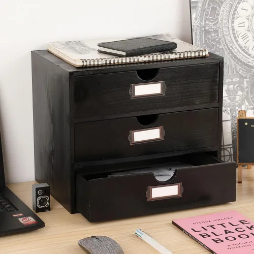 Miniatura 2 de Caja de almacenamiento de madera, organizador de escritorio rústico con 3 cajones, accesorios de escritorio de oficina, estante grande