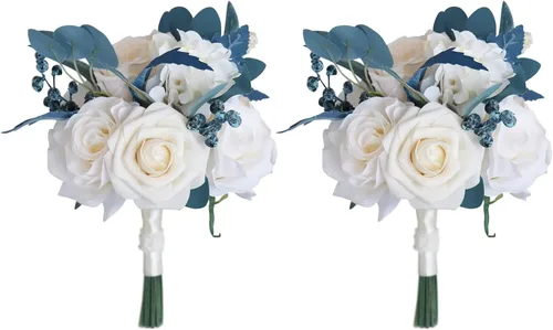 Miniatura 12 de MOJUN Juego de ramo de dama de honor, ramillete de muñeca, para novio, flores de boda de rosas artificiales para ceremonia de boda, aniversario