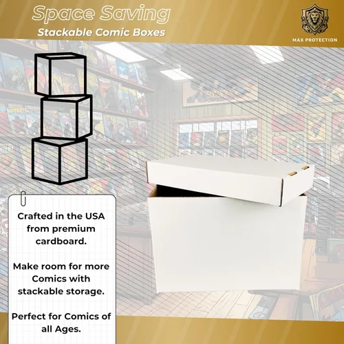 Miniatura 4 de Max Protection Cajas de almacenamiento de cómics, paquete de 3, cartón corto para 150 a 175 cómics, diseño de doble grosor, caja apilable de alta