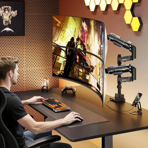 Miniatura 9 de ARES WING Heavy Duty Gas Spring Dual Monitor Mount, Adjustable Stacked Desk Mount for 2 Ultrawide Screens up to 57 Inch with USB A/C Charging Ports